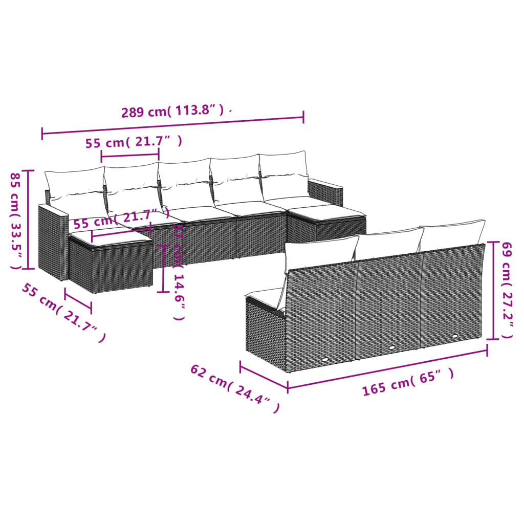 10-Delige Loungeset Met Kussens Poly Rattan Zwart