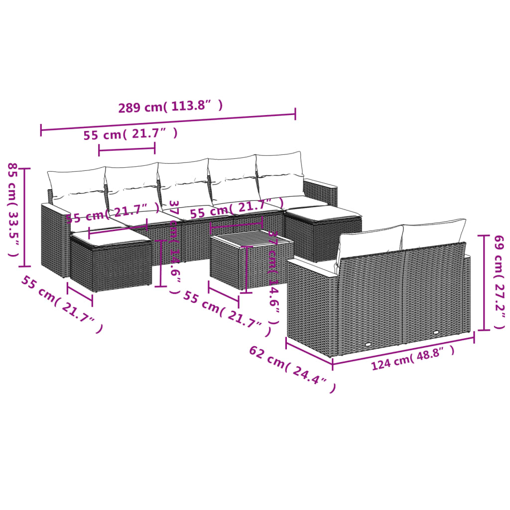 10-Delige Loungeset Met Kussens Poly Rattan Grijs