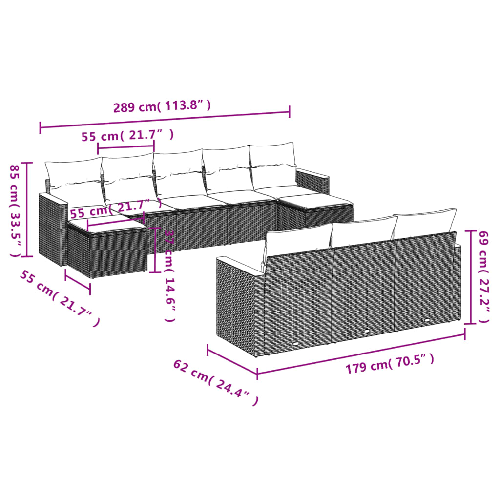 10-Delige Loungeset Met Kussens Poly Rattan Zwart