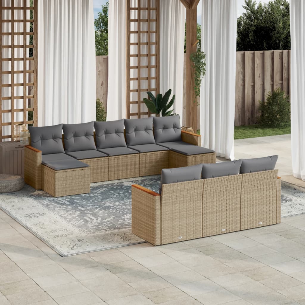 10-Delige Loungeset Met Kussens Poly Rattan Gemengd Beige