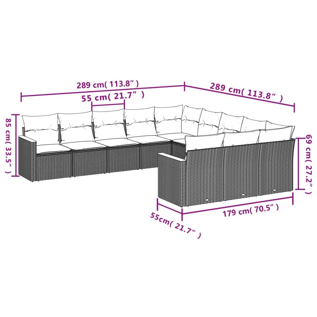 11-Delige Loungeset Met Kussens Poly Rattan Zwart