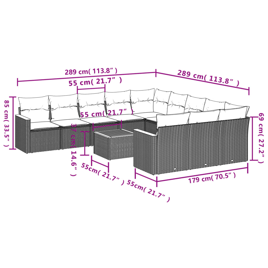 12-Delige Loungeset Met Kussens Poly Rattan Grijs