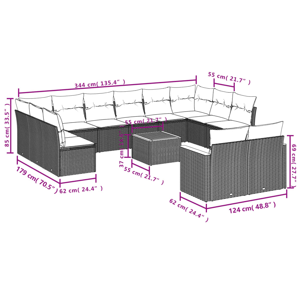 13-Delige Loungeset Met Kussens Poly Rattan Grijs