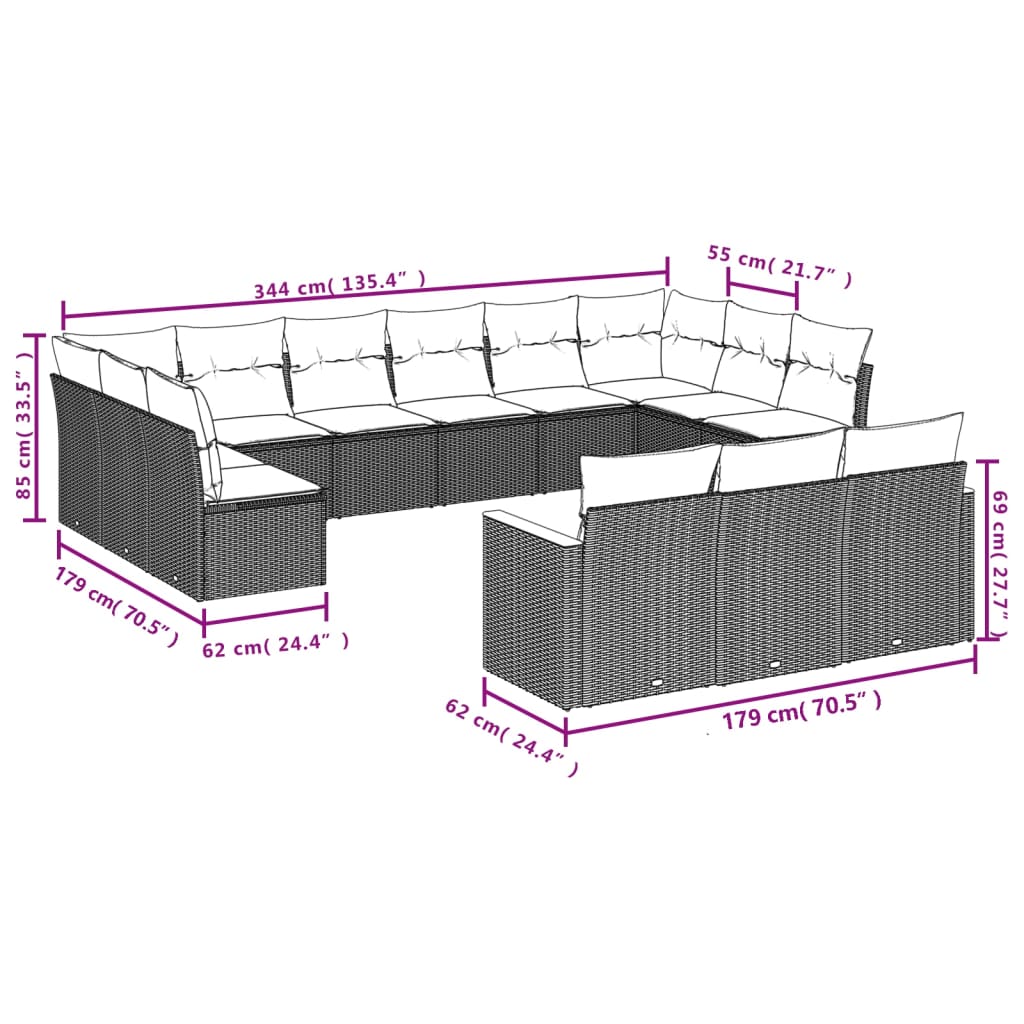 13-Delige Loungeset Met Kussens Poly Rattan Beige