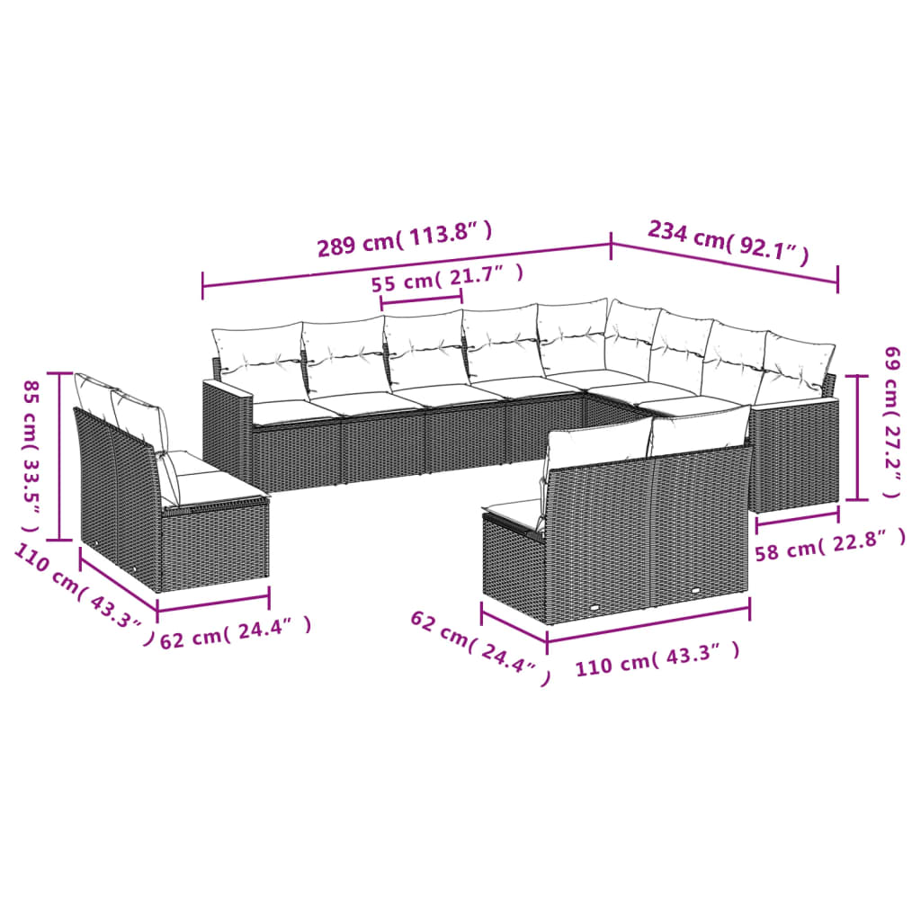 12-Delige Loungeset Met Kussens Poly Rattan Gemengd Beige