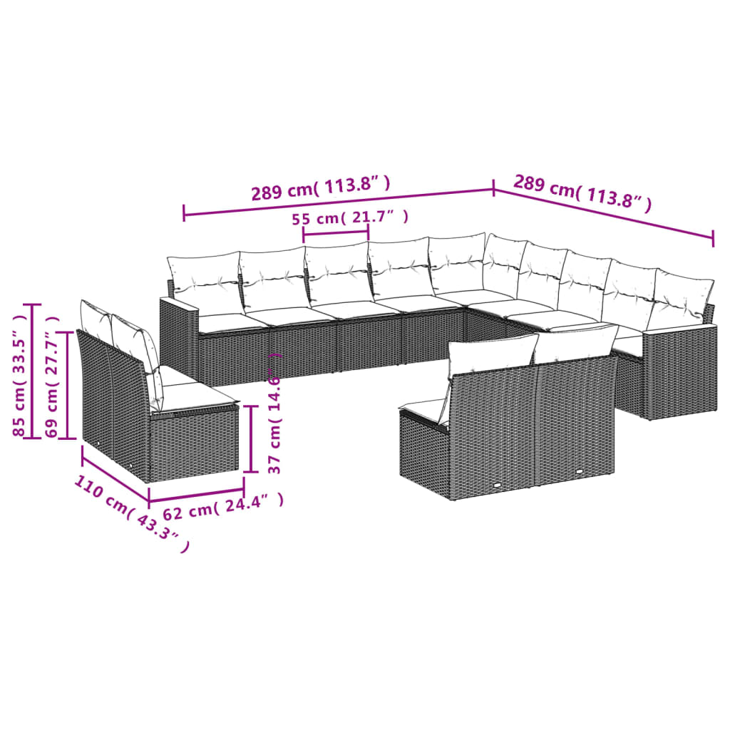 13-Delige Loungeset Met Kussens Poly Rattan Gemengd Beige