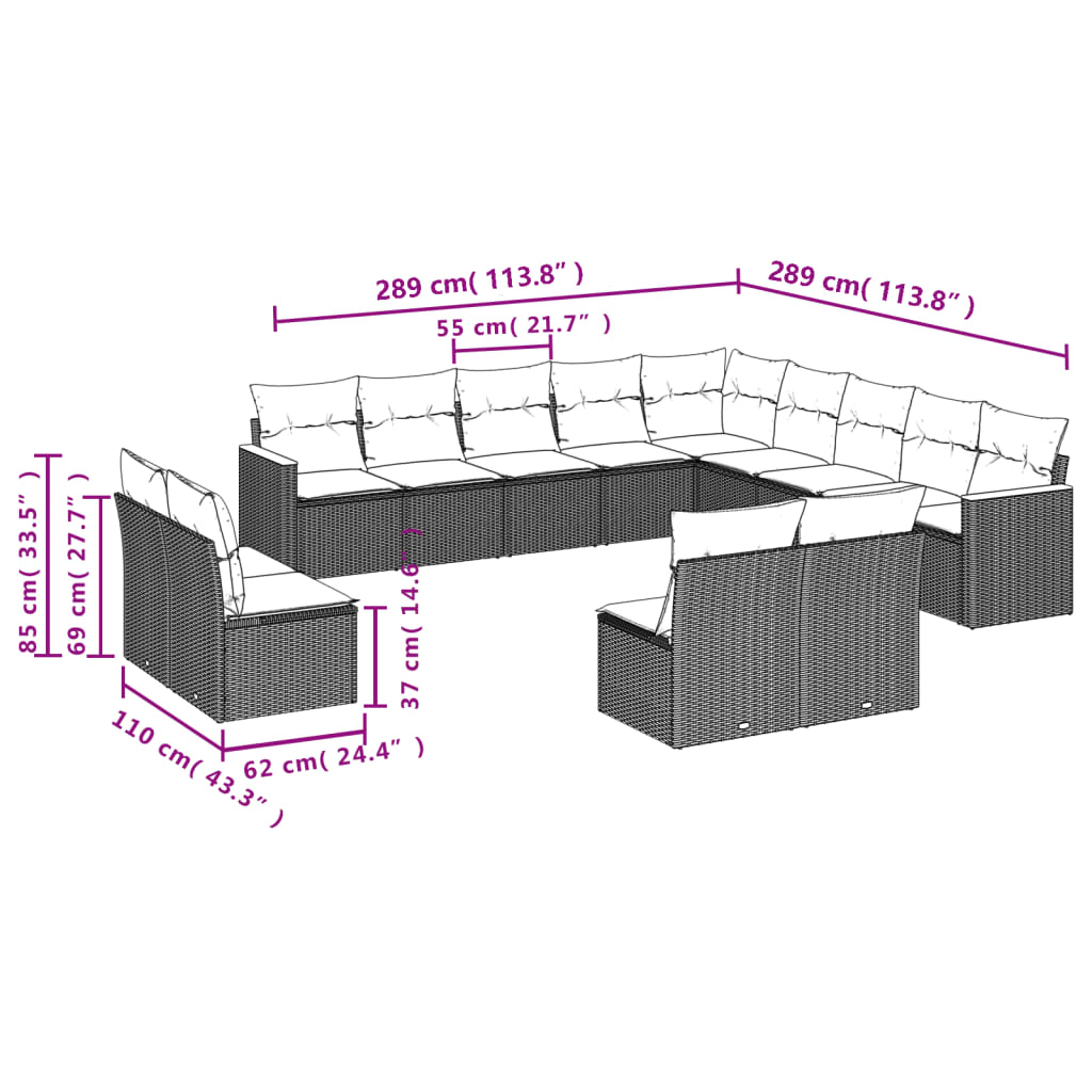 13-Delige Loungeset Met Kussens Poly Rattan Grijs