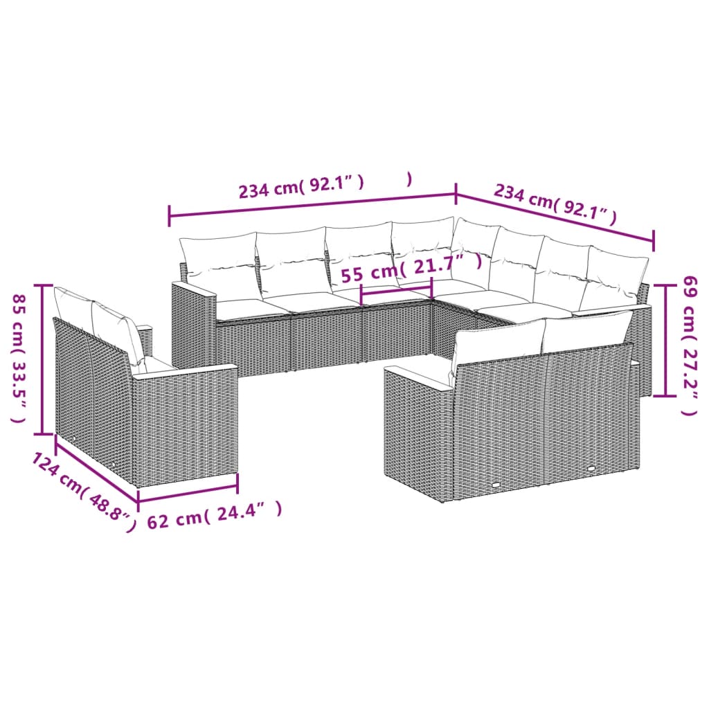 11-Delige Loungeset Met Kussens Poly Rattan Gemengd Beige