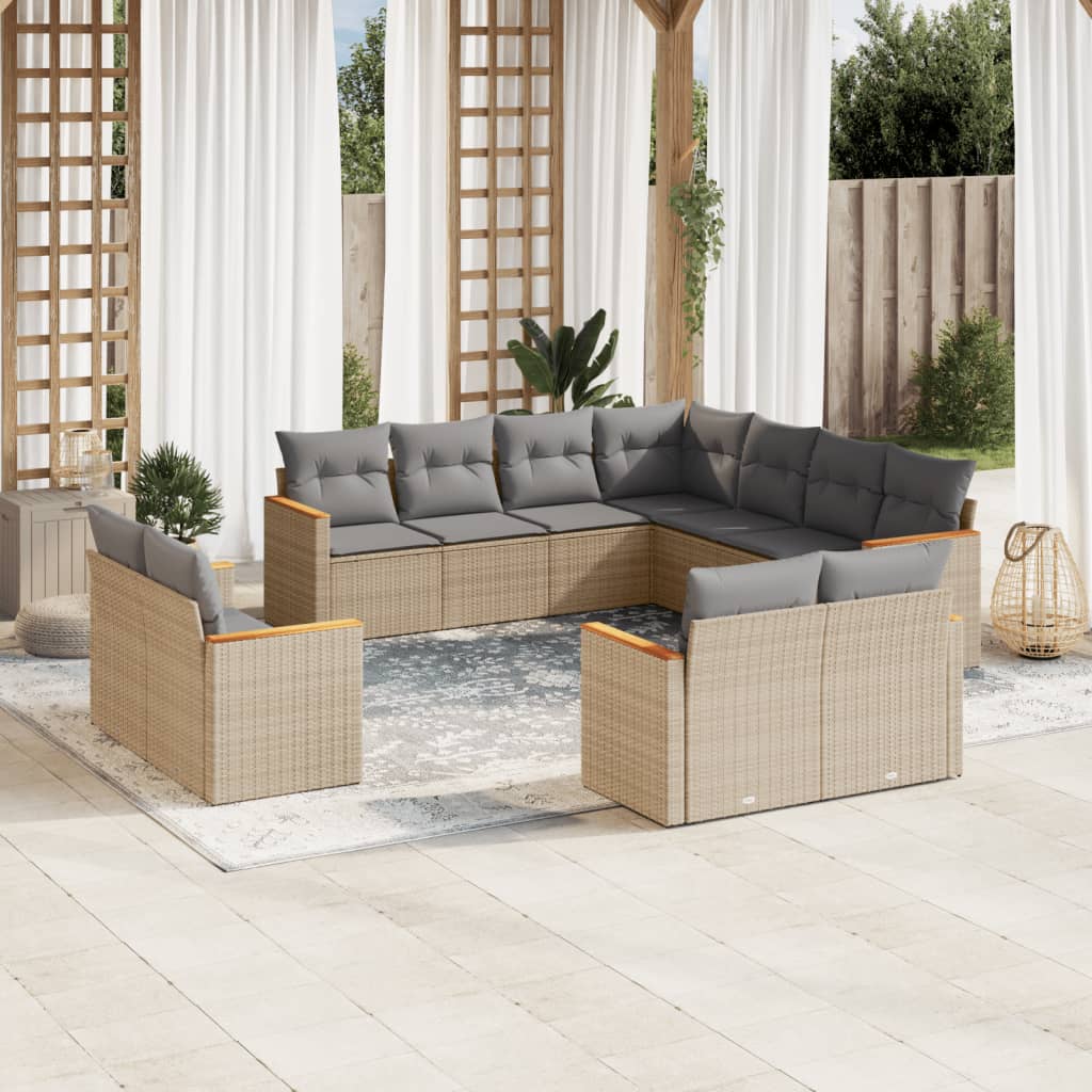 11-Delige Loungeset Met Kussens Poly Rattan Gemengd Beige