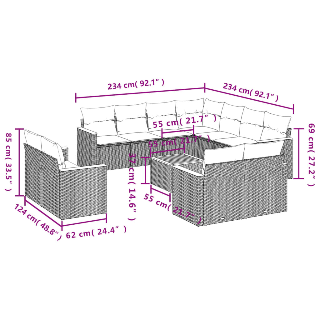 12-Delige Loungeset Met Kussens Poly Rattan Grijs