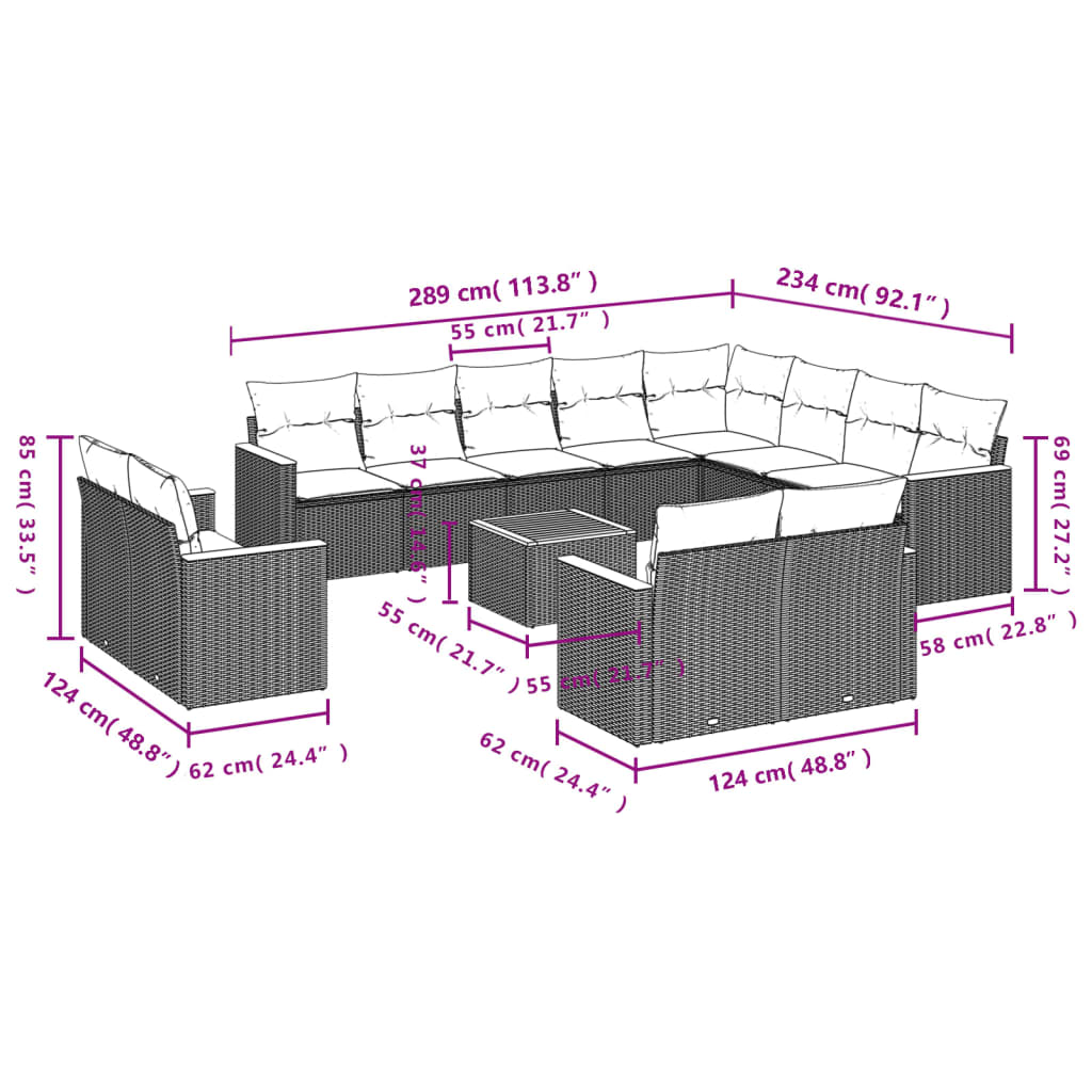 13-Delige Loungeset Met Kussens Poly Rattan Zwart