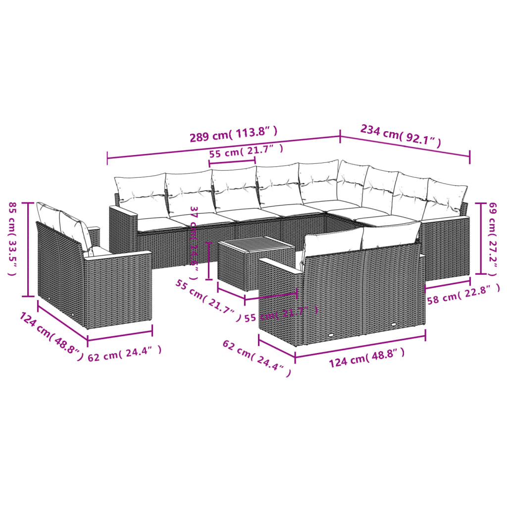 13-Delige Loungeset Met Kussens Poly Rattan Grijs