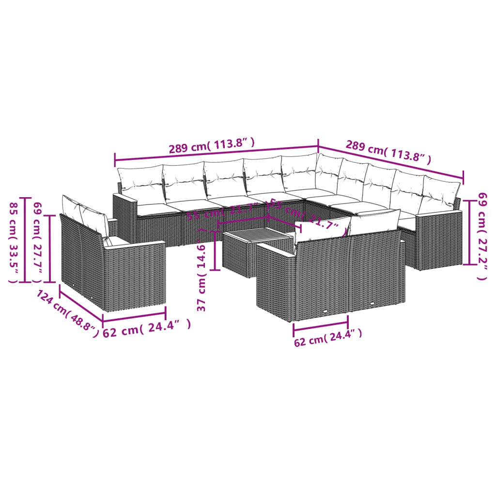 14-Delige Loungeset Met Kussens Poly Rattan Grijs