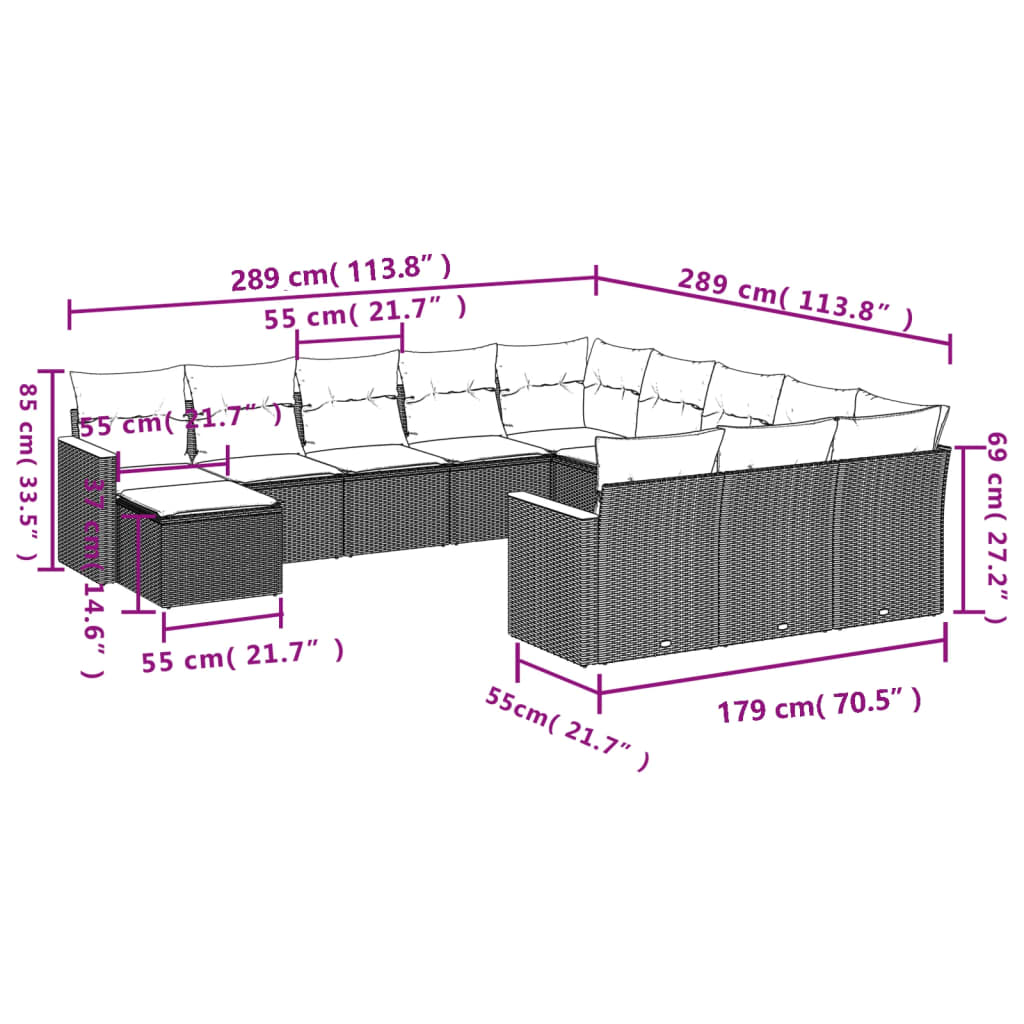 12-Delige Loungeset Met Kussens Poly Rattan Zwart