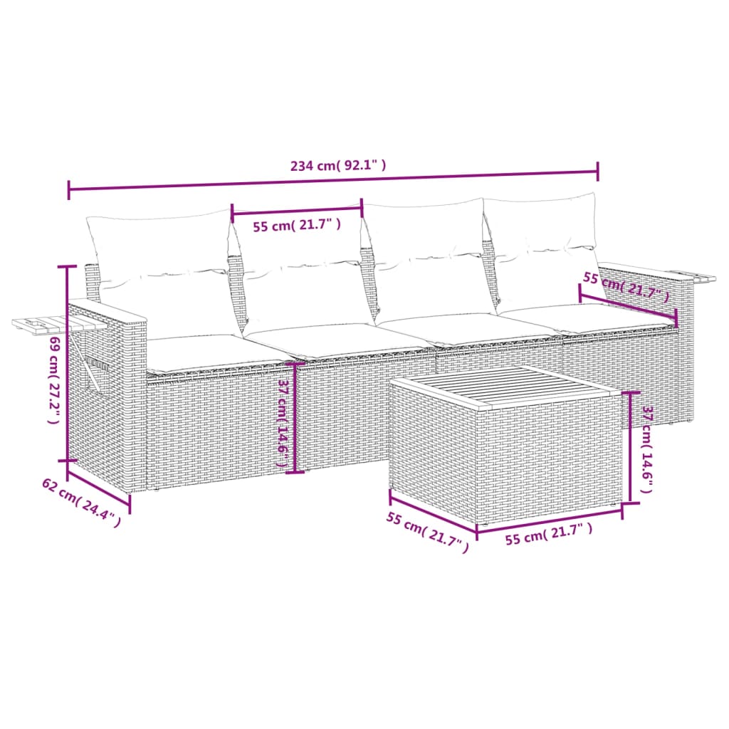 5-Delige Loungeset Met Kussens Poly Rattan Grijs