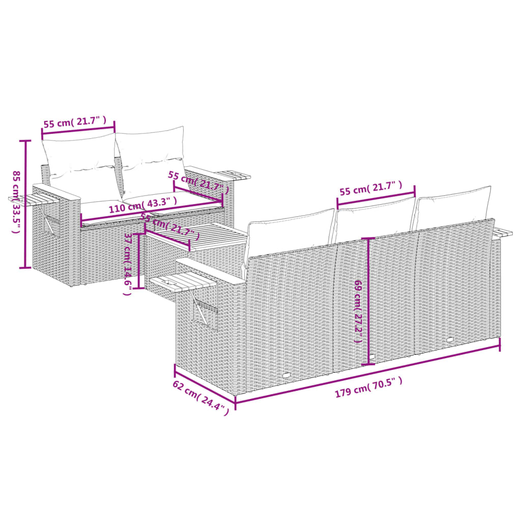 6-Delige Loungeset Met Kussens Poly Rattan Grijs