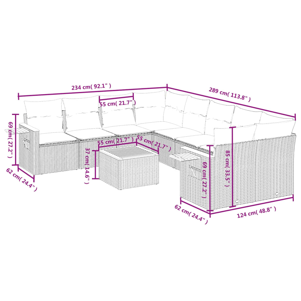 9-Delige Loungeset Met Kussens Poly Rattan Grijs