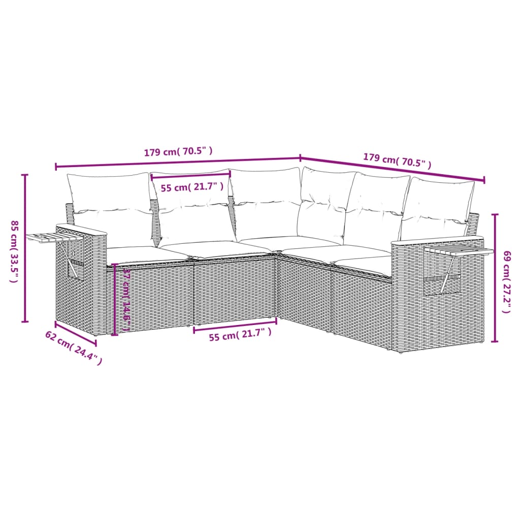 5-Delige Loungeset Met Kussens Poly Rattan Grijs