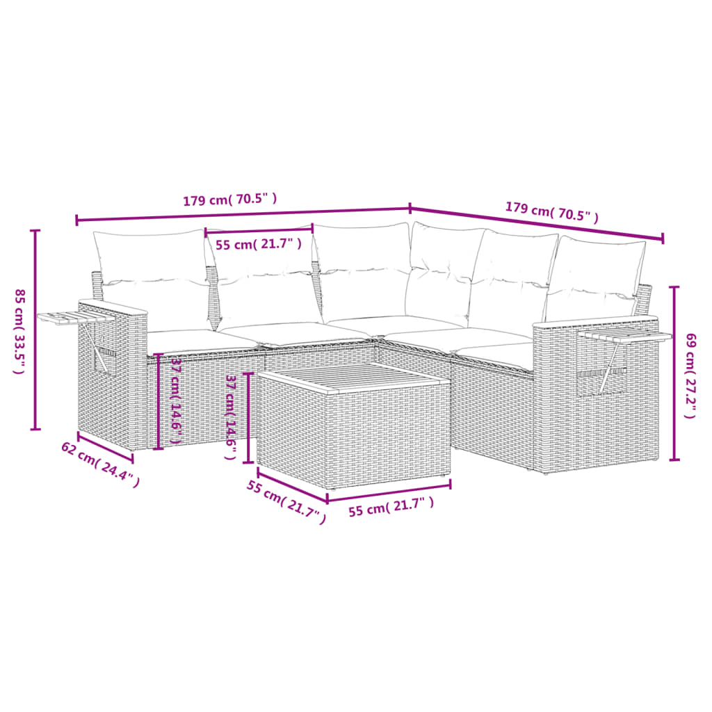 6-Delige Loungeset Met Kussens Poly Rattan Grijs