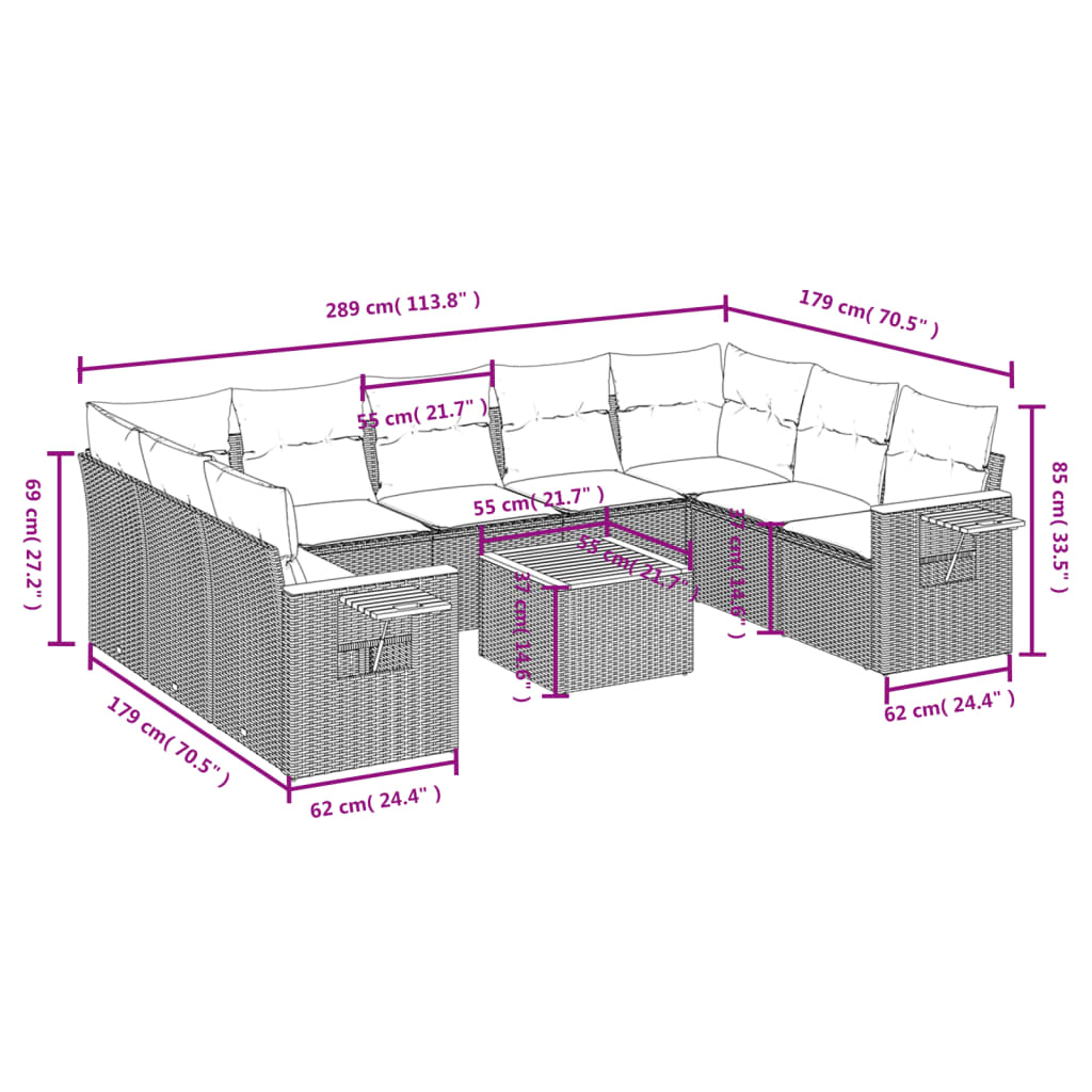 10-Delige Loungeset Met Kussens Poly Rattan Zwart