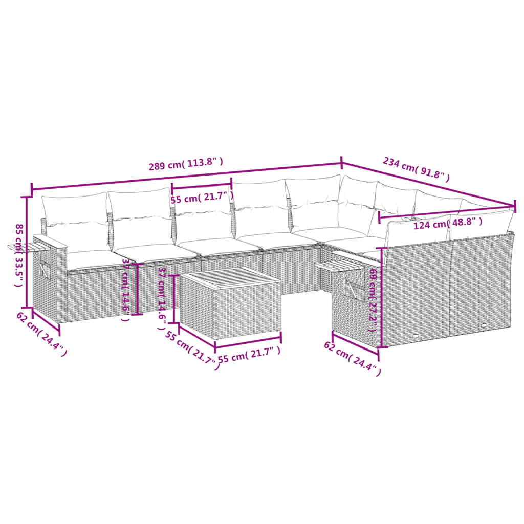 10-Delige Loungeset Met Kussens Poly Rattan Zwart