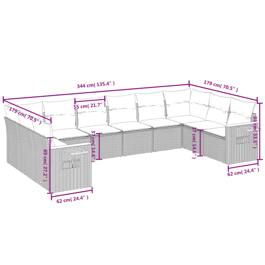 10-Delige Loungeset Met Kussens Poly Rattan Zwart