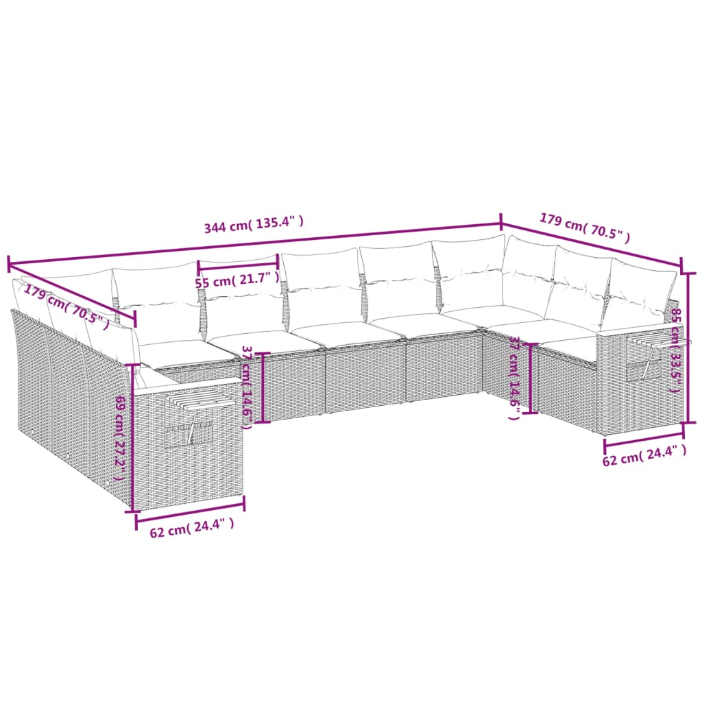 10-Delige Loungeset Met Kussens Poly Rattan Grijs