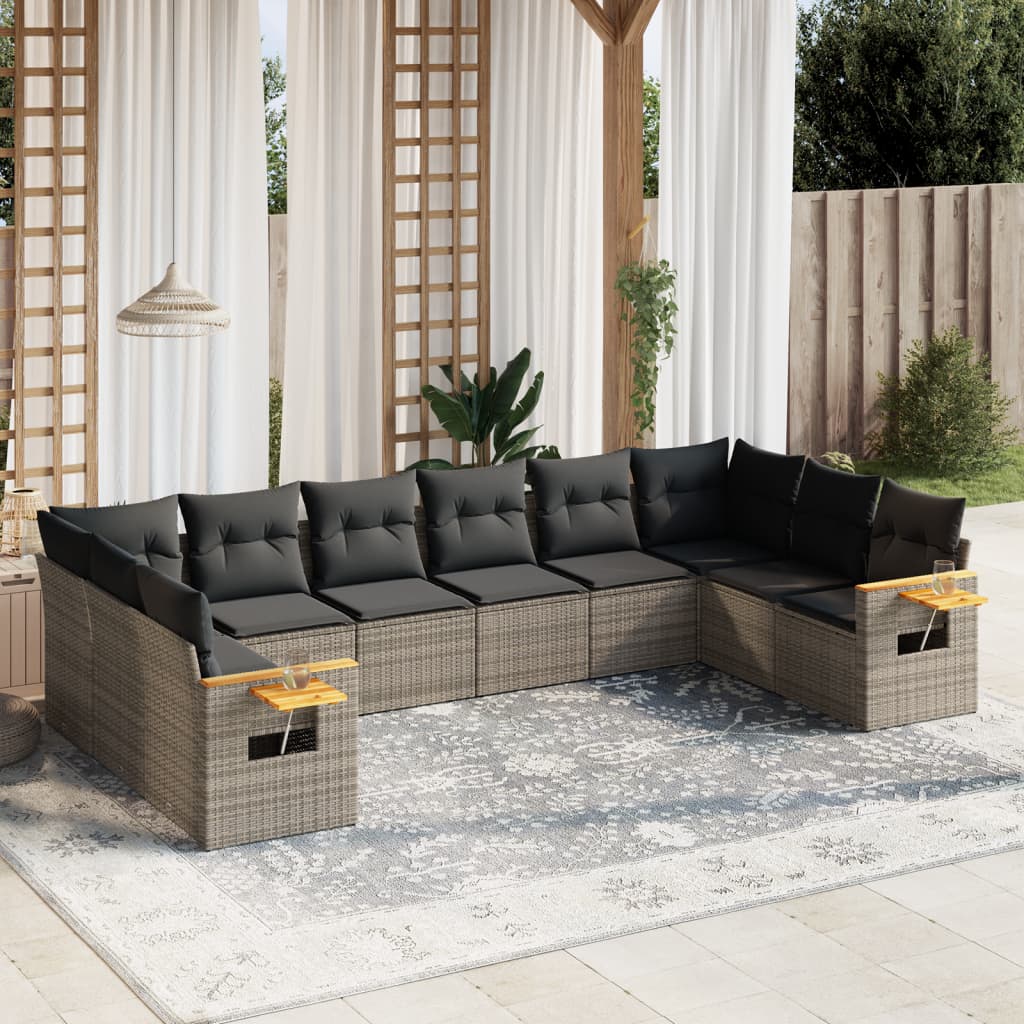 10-Delige Loungeset Met Kussens Poly Rattan Grijs