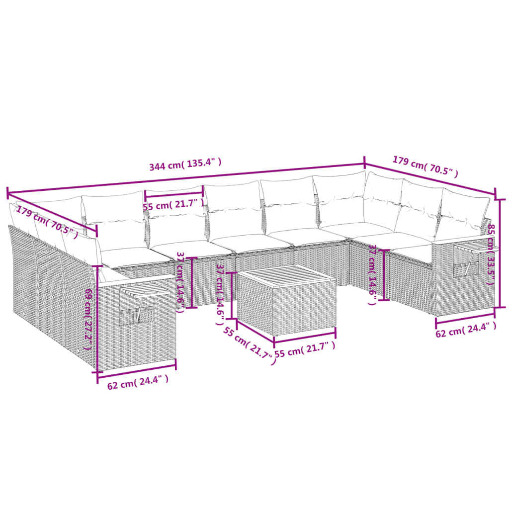 11-Delige Loungeset Met Kussens Poly Rattan Zwart