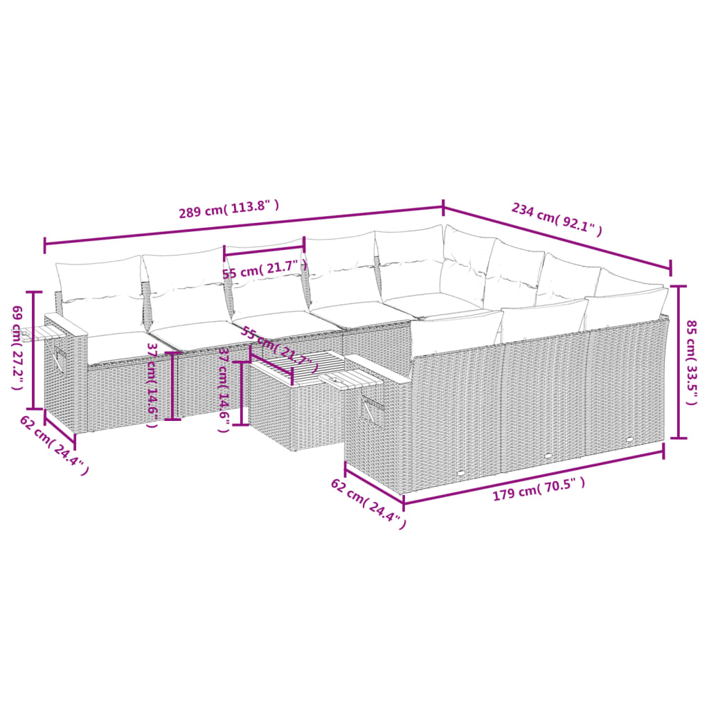 11-Delige Loungeset Met Kussens Poly Rattan Grijs