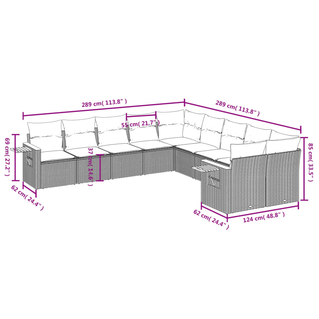 10-Delige Loungeset Met Kussens Poly Rattan Zwart