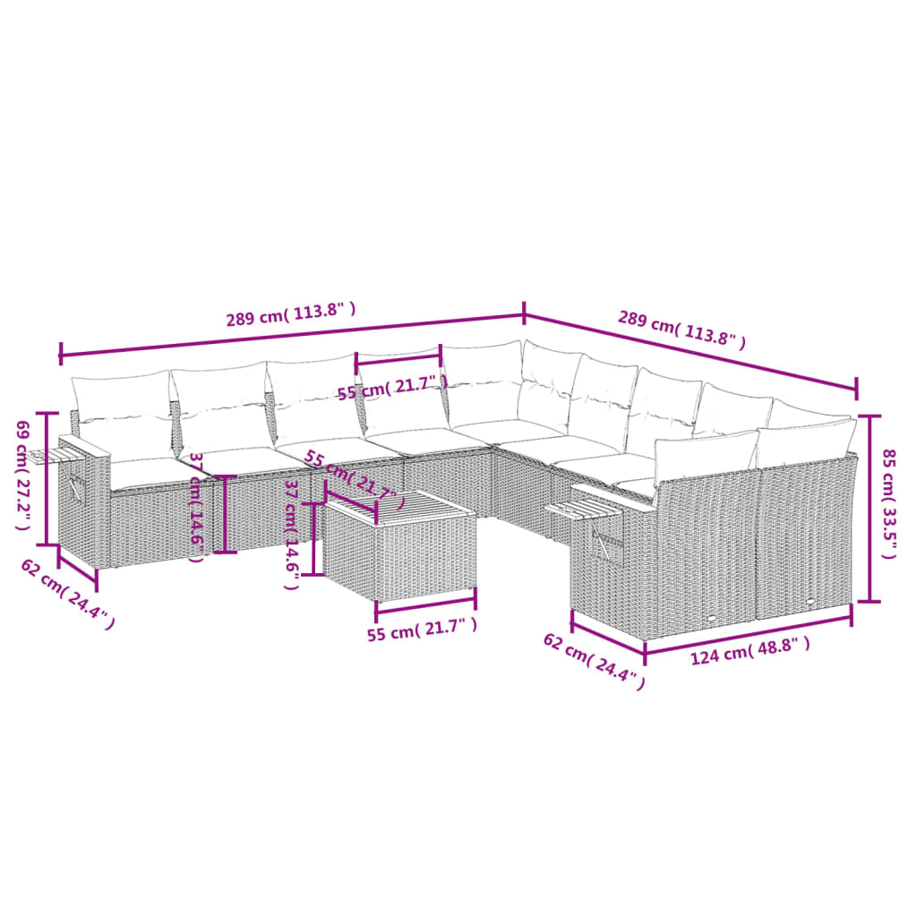 11-Delige Loungeset Met Kussens Poly Rattan Grijs