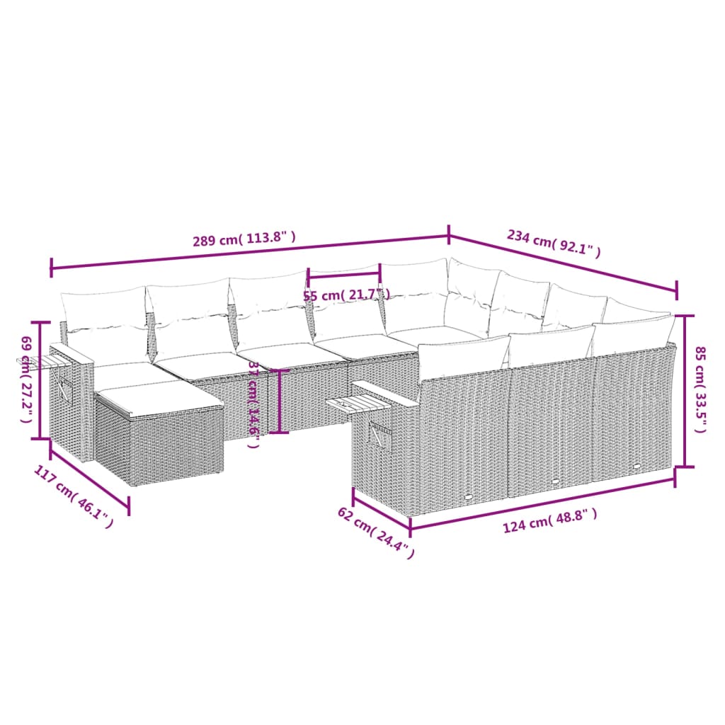 11-Delige Loungeset Met Kussens Poly Rattan Zwart