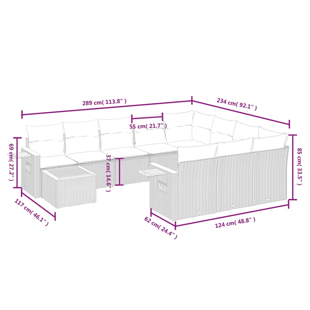 11-Delige Loungeset Met Kussens Poly Rattan Grijs