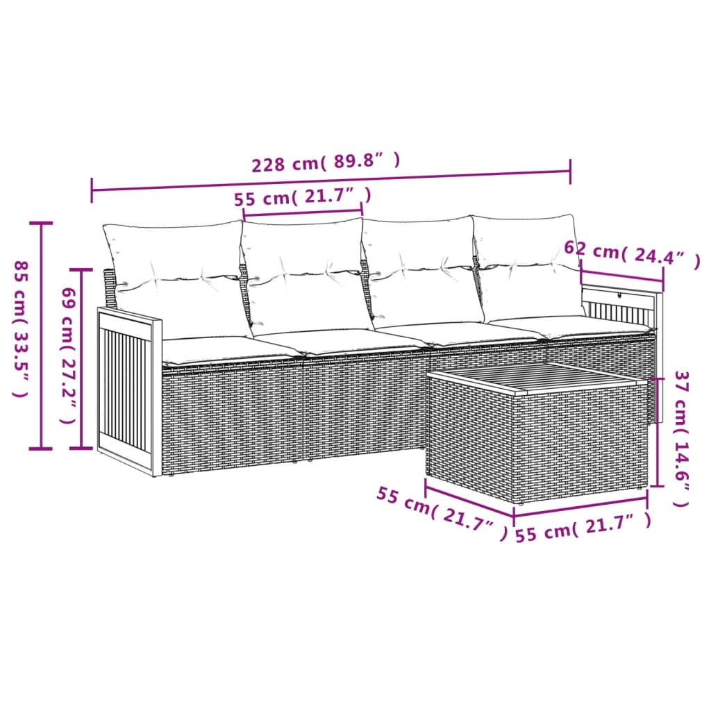 5-Delige Loungeset Met Kussens Poly Rattan Grijs