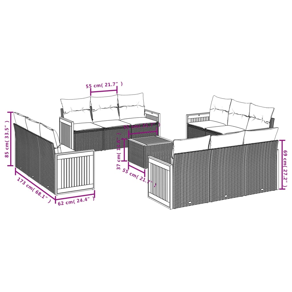 13-Delige Loungeset Met Kussens Poly Rattan Zwart