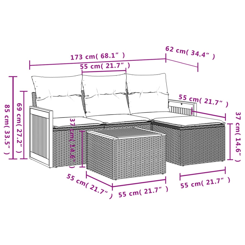 5-Delige Loungeset Met Kussens Poly Rattan Grijs