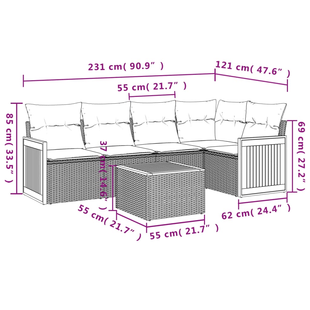 6-Delige Loungeset Met Kussens Poly Rattan Grijs