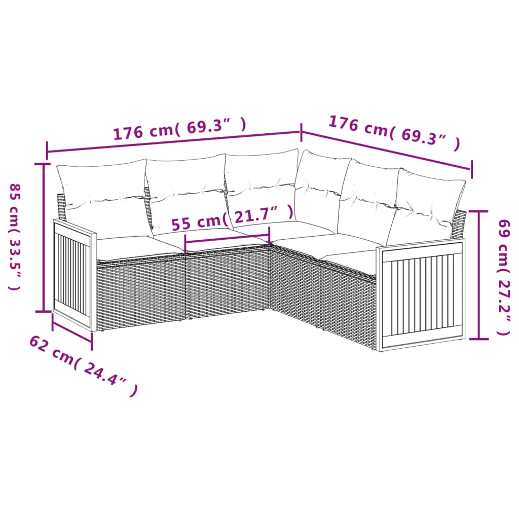 5-Delige Loungeset Met Kussens Poly Rattan Grijs