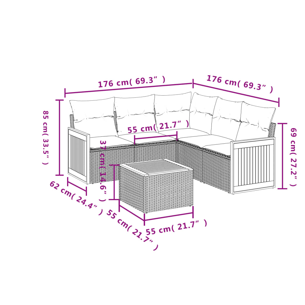 6-Delige Loungeset Met Kussens Poly Rattan Grijs
