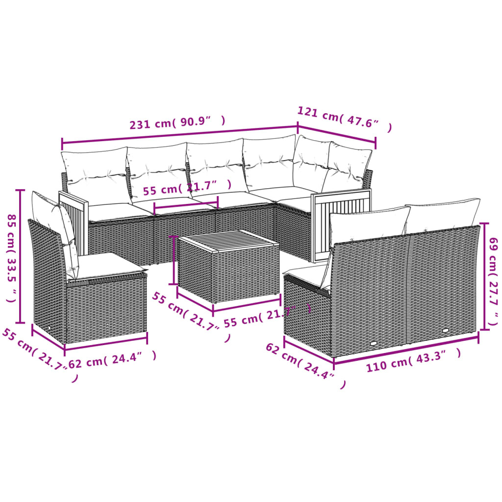 9-Delige Loungeset Met Kussens Poly Rattan Grijs