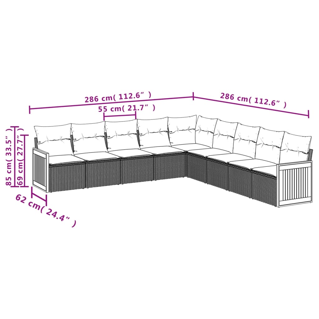 9-Delige Loungeset Met Kussens Poly Rattan Grijs