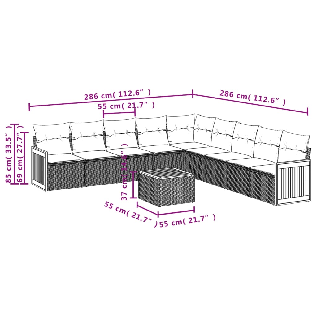 10-Delige Loungeset Met Kussens Poly Rattan Zwart