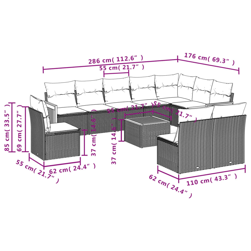 11-Delige Loungeset Met Kussens Poly Rattan Zwart