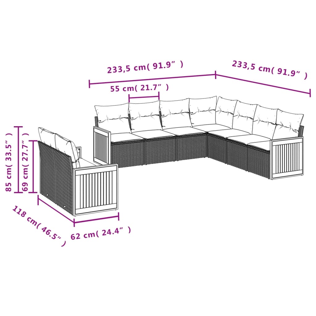 9-Delige Loungeset Met Kussens Poly Rattan Zwart