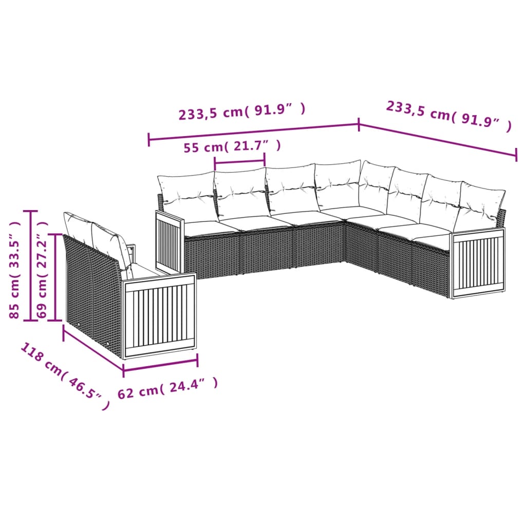 9-Delige Loungeset Met Kussens Poly Rattan Beige