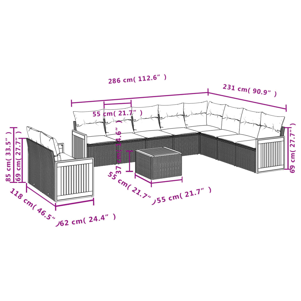 11-Delige Loungeset Met Kussens Poly Rattan Zwart