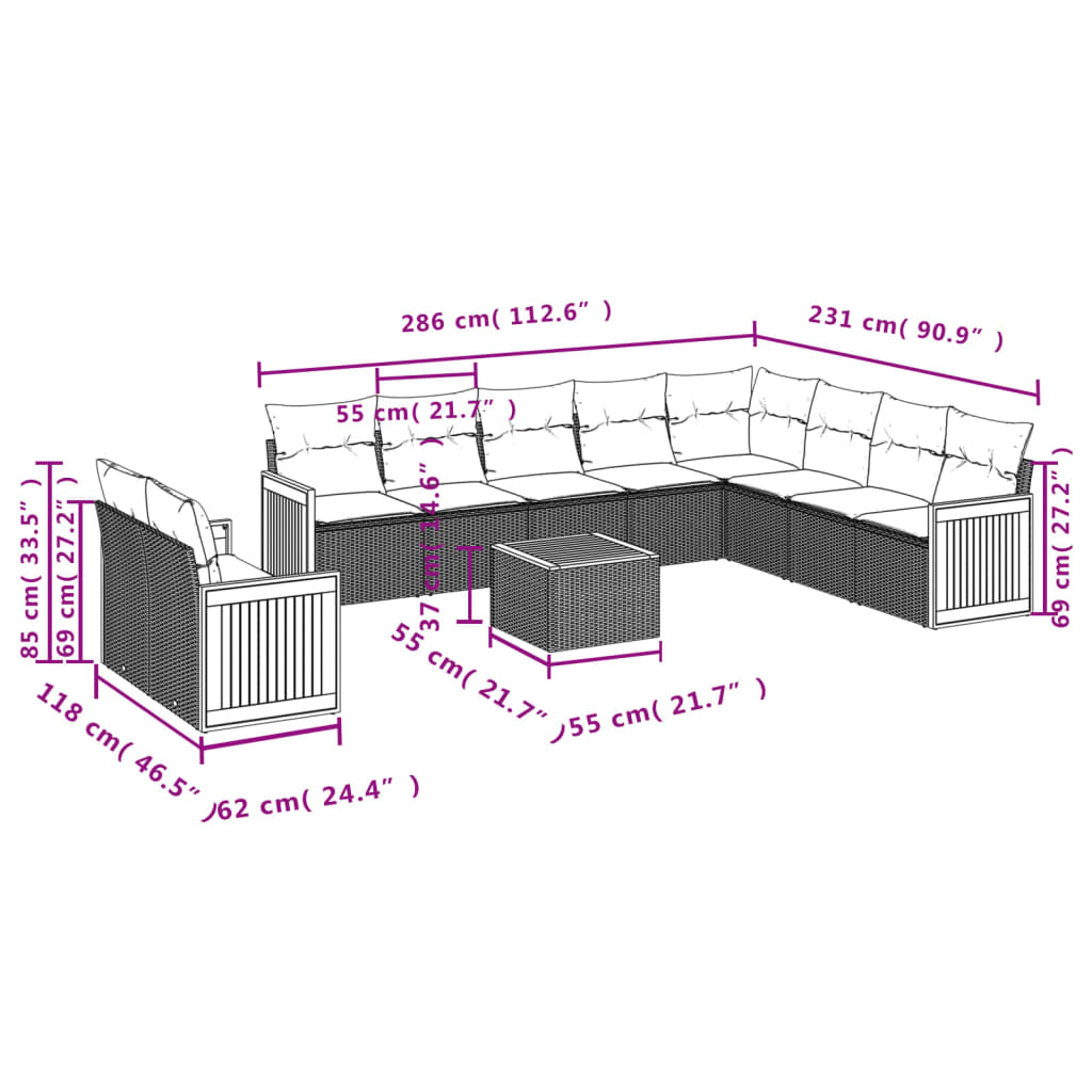 11-Delige Loungeset Met Kussens Poly Rattan Grijs