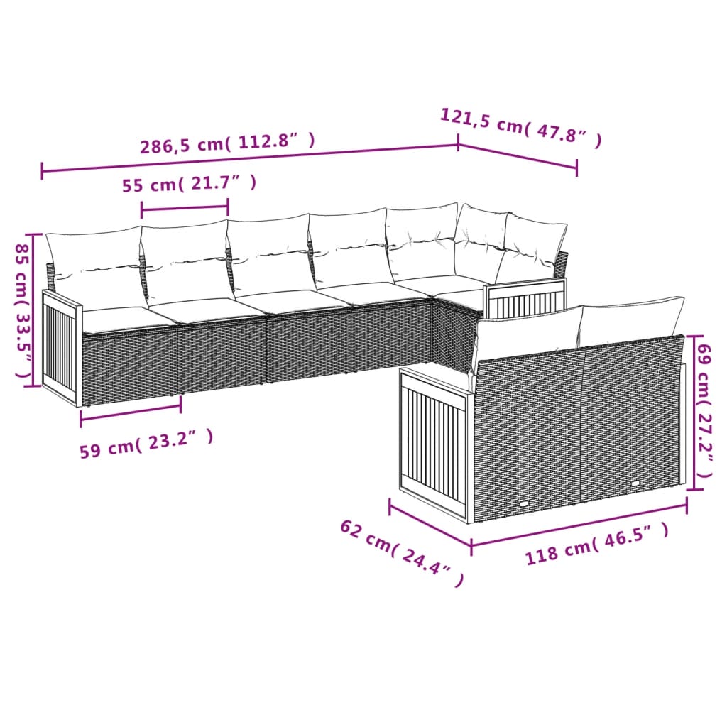 8-Delige Loungeset Met Kussens Poly Rattan Grijs