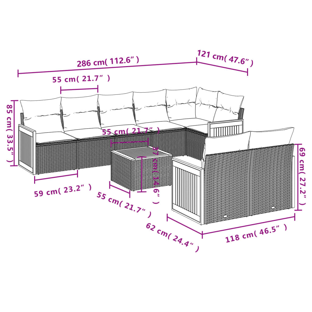 9-Delige Loungeset Met Kussens Poly Rattan Grijs